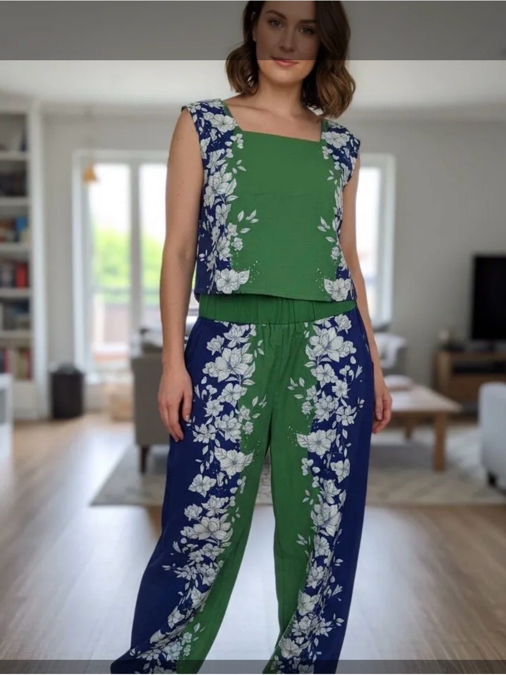 Sleeveless Green & Navy Floral Two-Tone  2 pc set